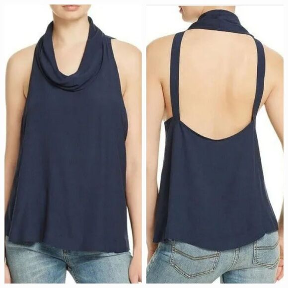 🔹️NWT Free People Blue Rayon Cowl Neck Open Back Sleeveless Top Large - Picture 2 of 11